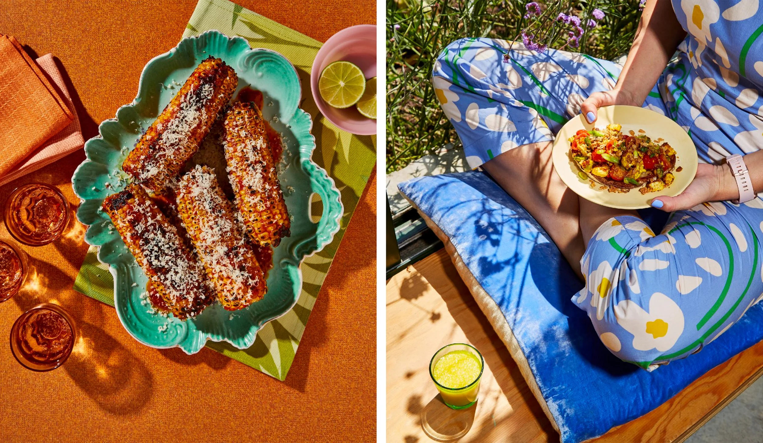 Grilled Mexican street corn topped with cheese and lime beside a person holding a colorful vegetable dish outdoors