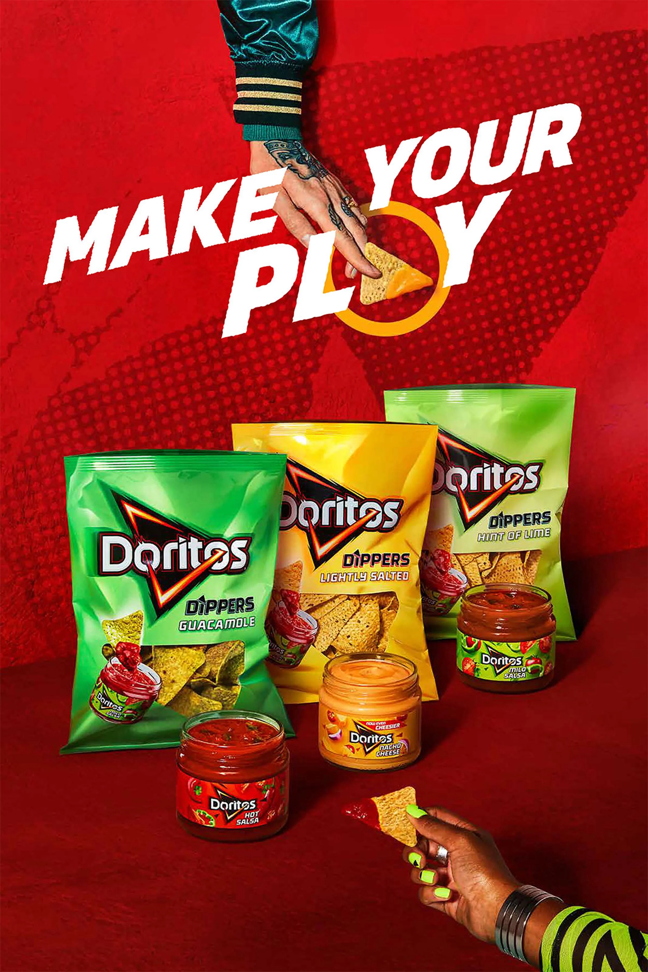 Doritos Dippers tortilla chips in guacamole, lightly salted, and hint of lime varieties with Doritos salsa and nacho cheese dips.