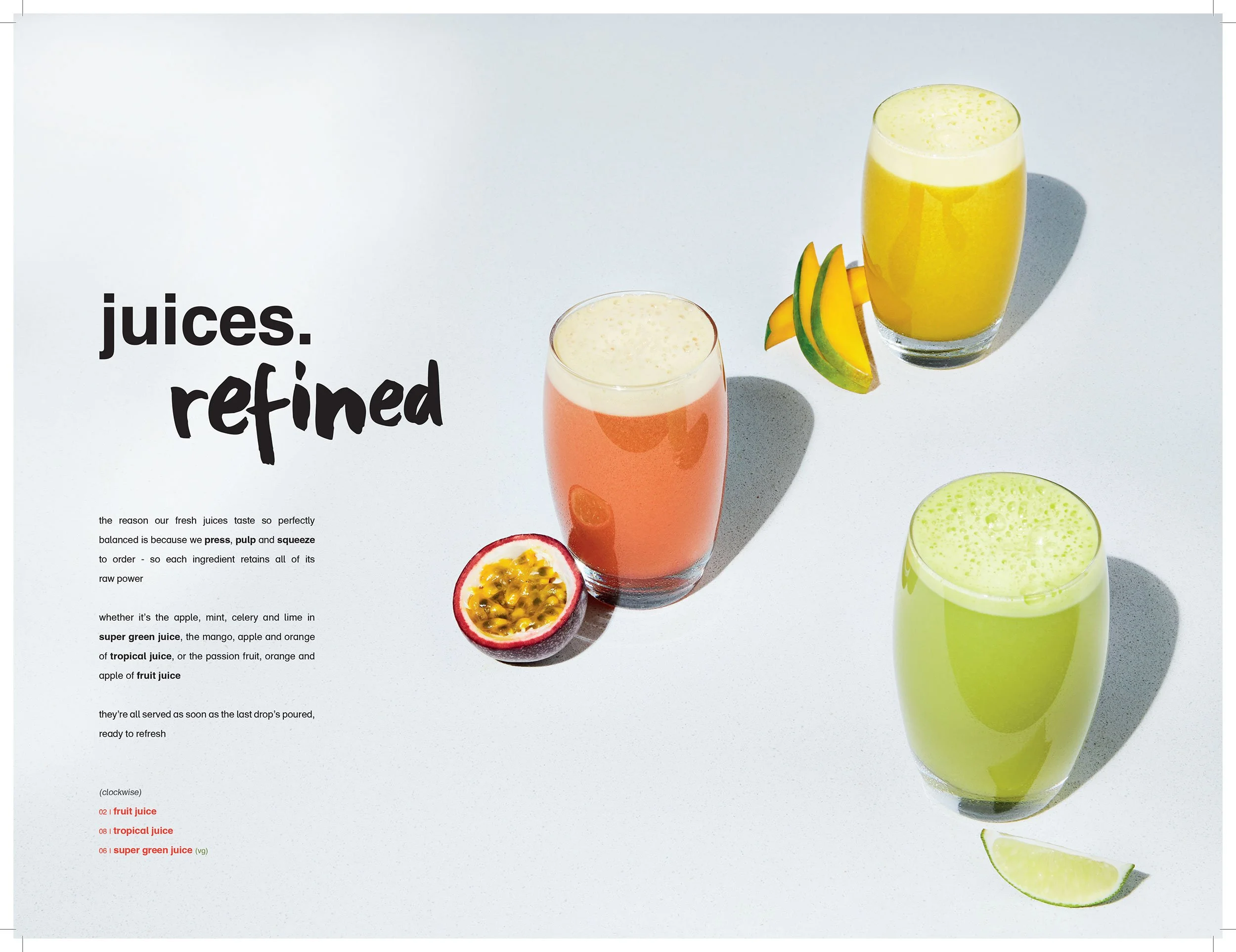 Editorial graphic featuring three fresh juices: pink passion fruit juice, yellow tropical mango juice, and green super green juice, with mango, passion fruit, and lime garnishes.