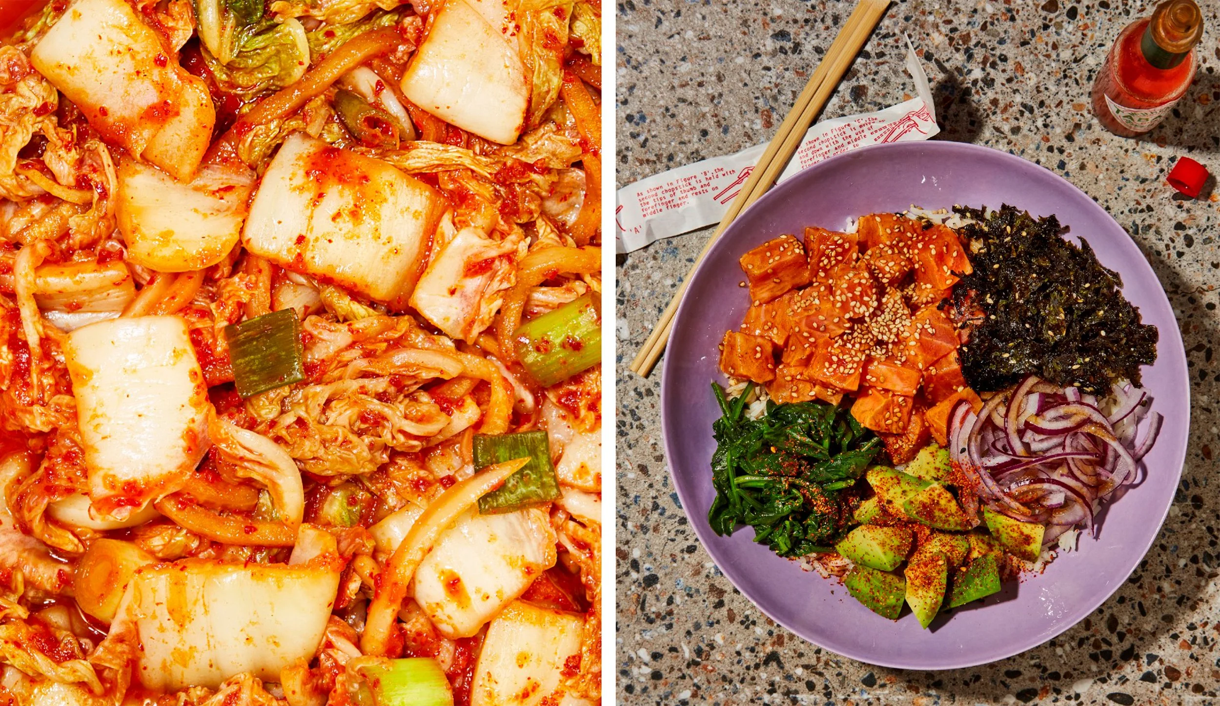 Spicy napa cabbage kimchi beside a Korean-inspired rice bowl with roasted vegetables, seaweed, avocado, sesame seeds, chopsticks, and hot sauce