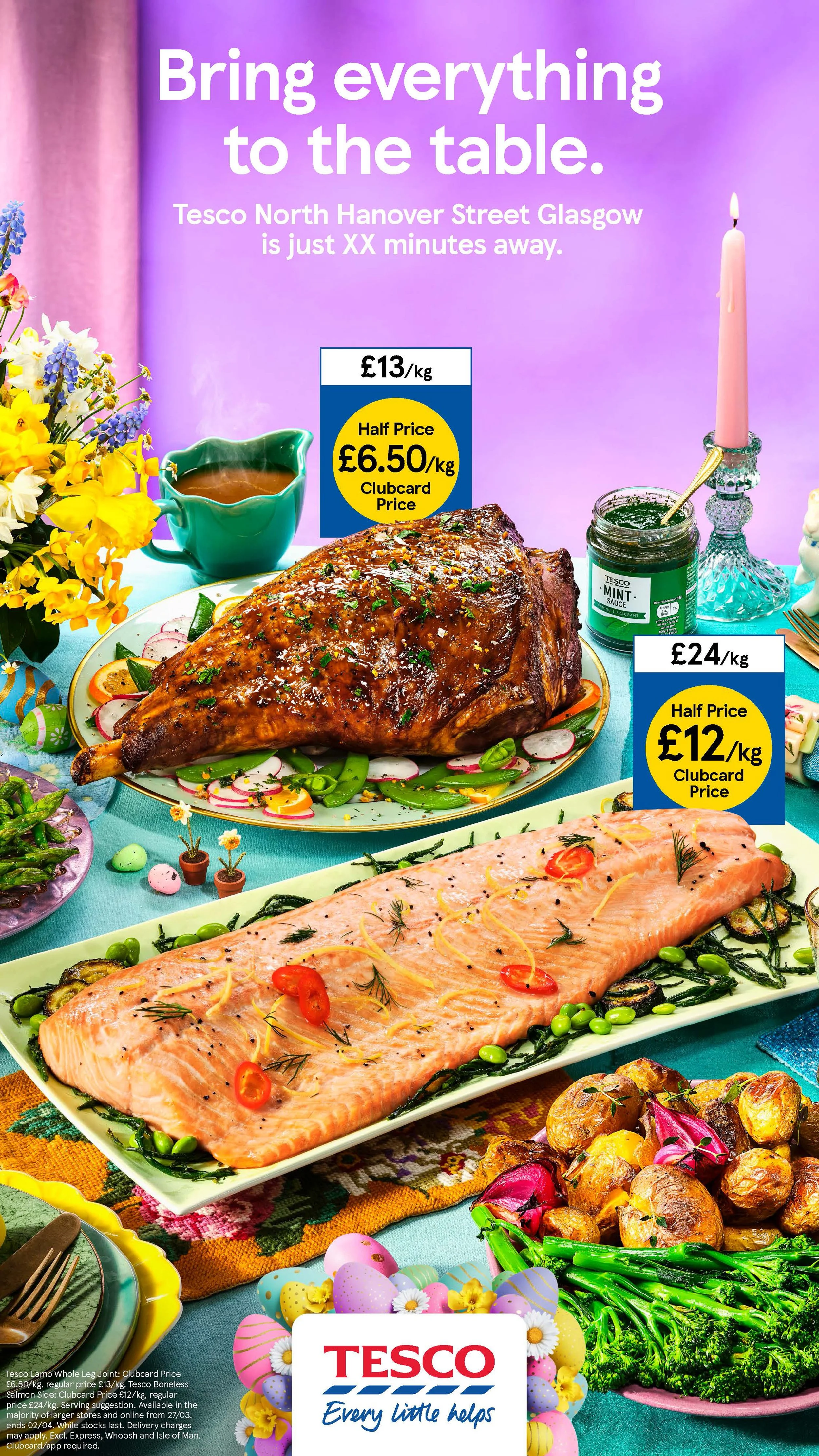 Tesco Easter food advertisement featuring a glazed lamb leg, salmon side, vegetables, flowers, and Clubcard price offers.