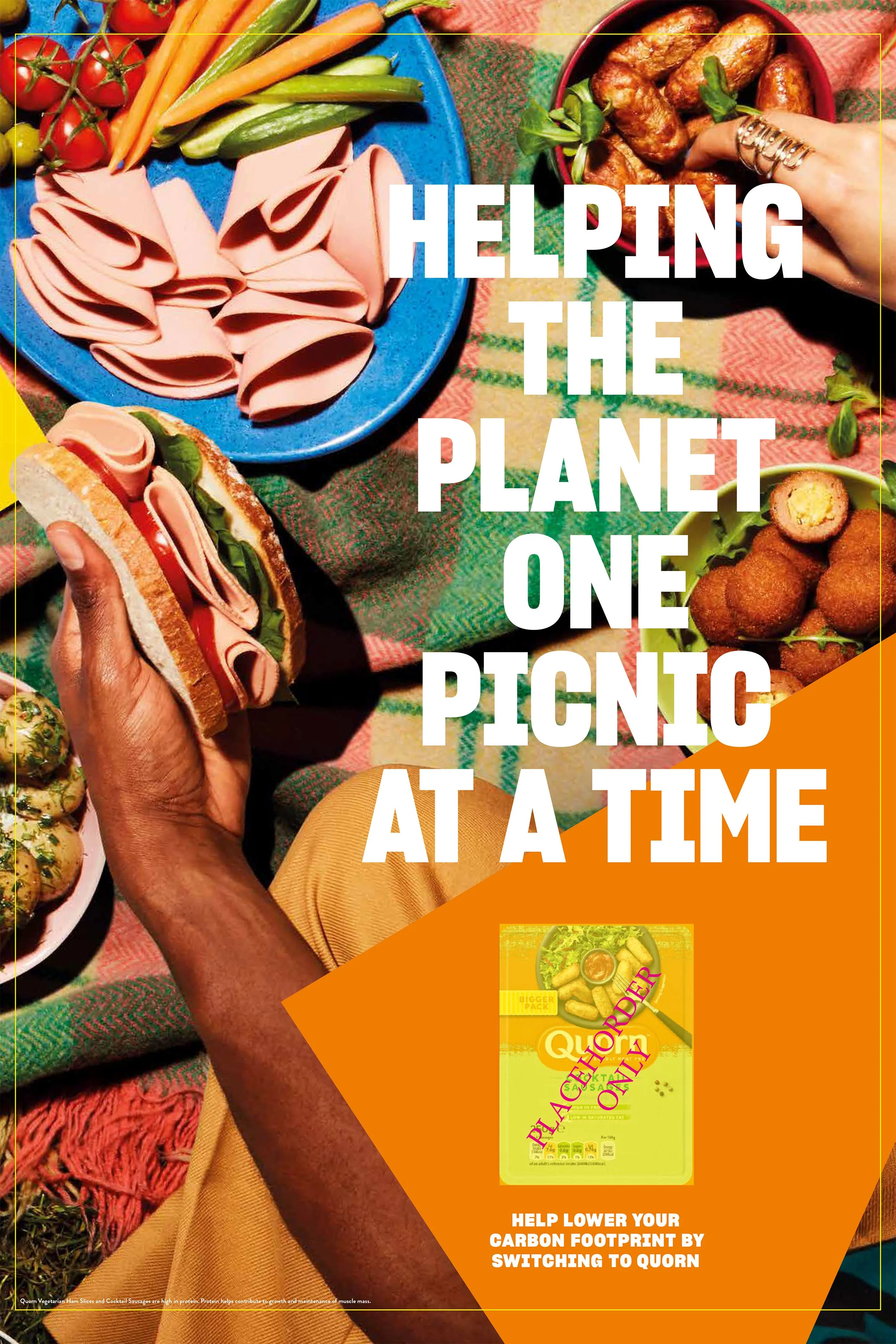 Quorn vegetarian ham slices and cocktail sausages with vegetables, promoting plant-based eating to help lower your carbon footprint.
