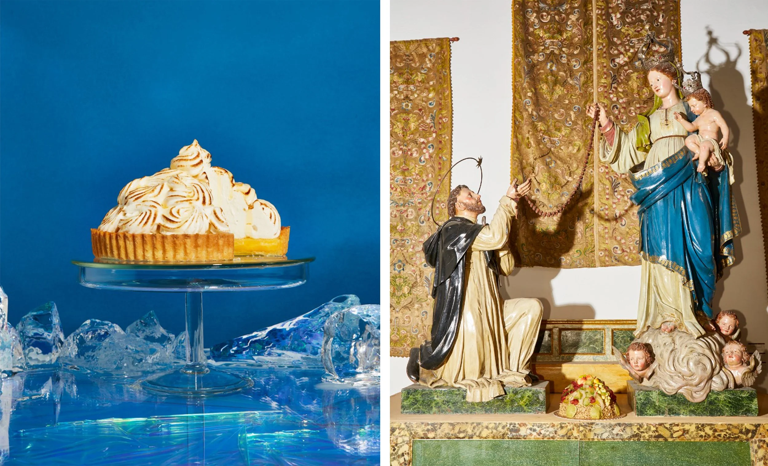 Split image showing a lemon meringue tart on a glass stand surrounded by blue ice-like glass and a religious statue display of the Virgin Mary and child with a kneeling saint.