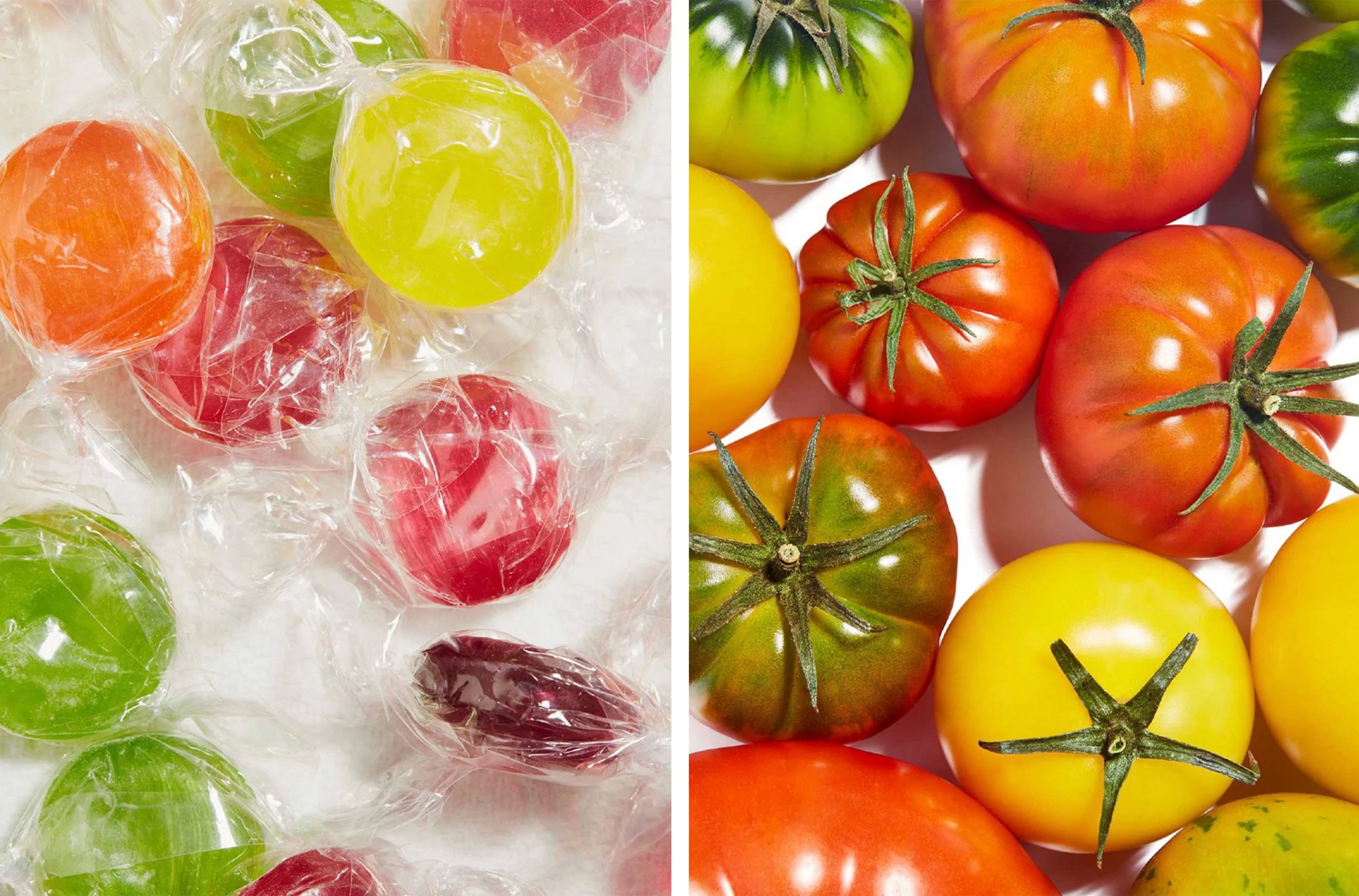 Split image comparing individually plastic-wrapped colorful tomatoes with colorful heirloom tomatoes arranged together