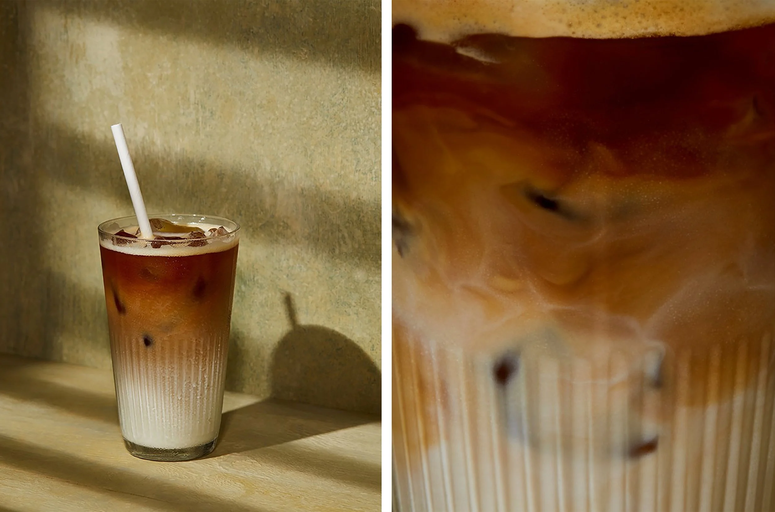 Iced dark fruit drink in a ribbed glass with a white straw, shown alongside a close-up of the beverage.