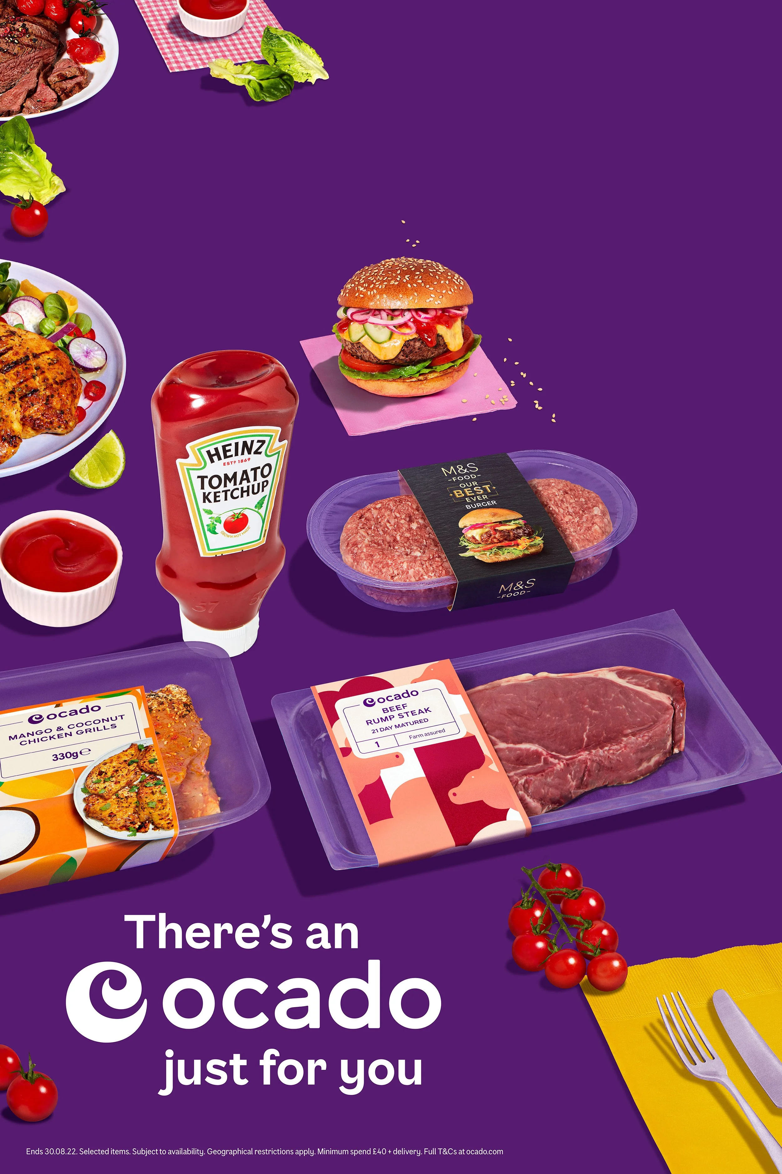 Ocado food advertisement featuring a cheeseburger, steaks, chicken, ground beef, ketchup, salad, tomatoes, and the text “There’s an Ocado just for you.”