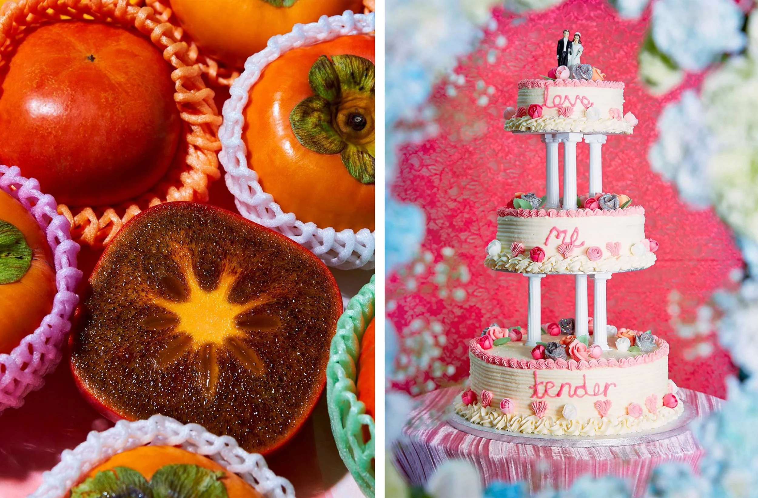 Split image showing sliced persimmon and kiwi fruit on the left and a tiered pink-and-white wedding cake decorated with roses and figurines on the right.