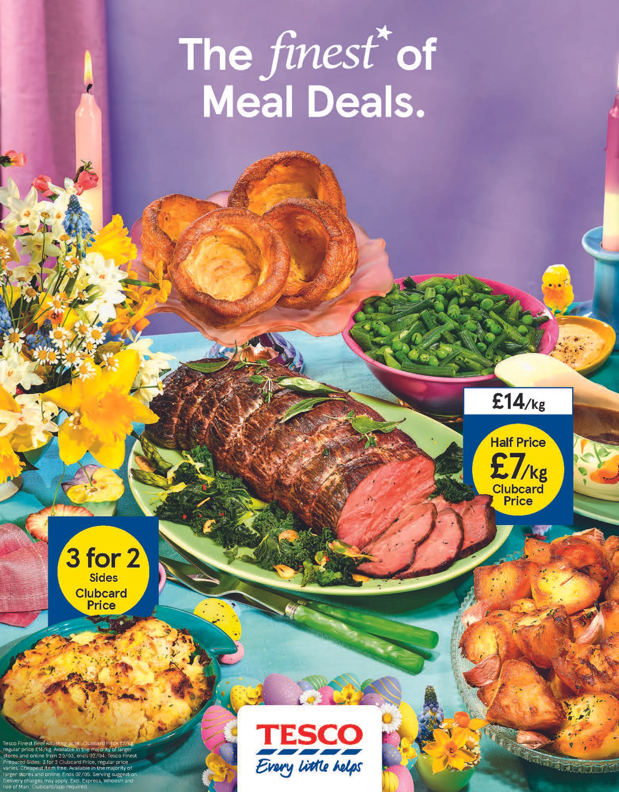 Colorful Tesco Finest Easter meal advertisement featuring roast beef, Yorkshire puddings, vegetables, prepared sides, flowers, Easter eggs, and Clubcard discounts.