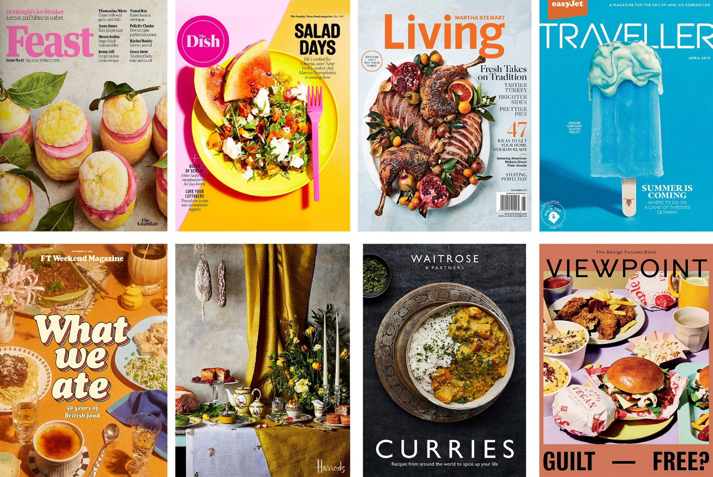 Collage of food, travel, lifestyle, and design magazine covers featuring desserts, salads, roast turkey, a popsicle, curry, and fried chicken.
