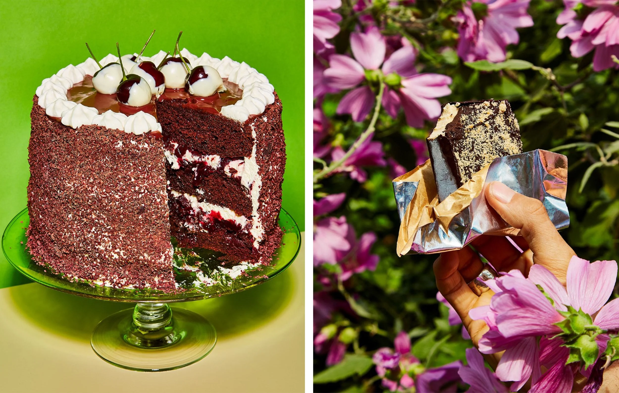 Split image featuring a cherry-topped chocolate cake with a slice removed and a hand holding a chocolate cake slice wrapped in foil among pink flowers.