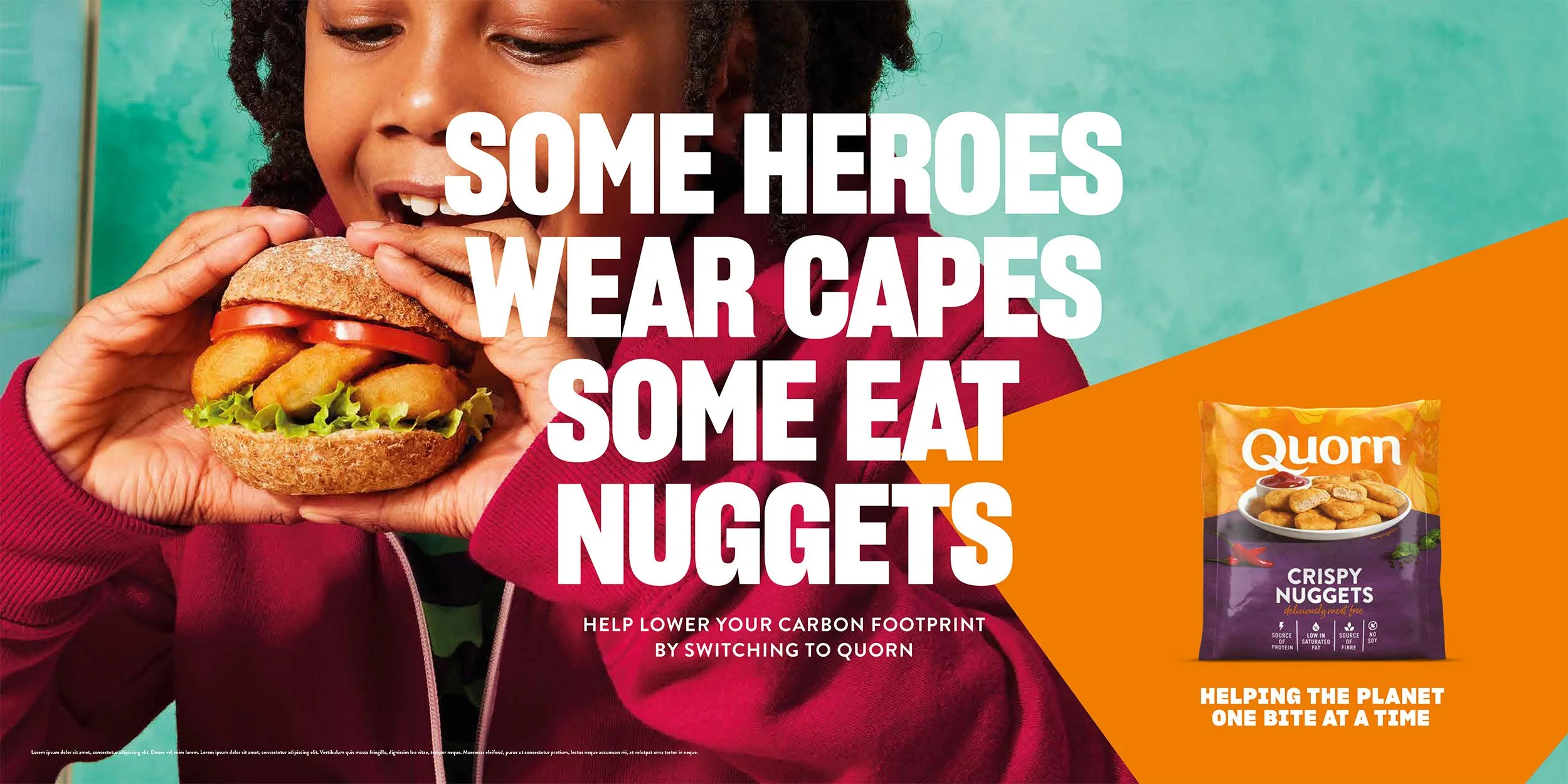 Quorn advertisement featuring a person eating a veggie burger, Quorn crispy nuggets package, and the slogan “Some heroes wear capes, some eat nuggets.”