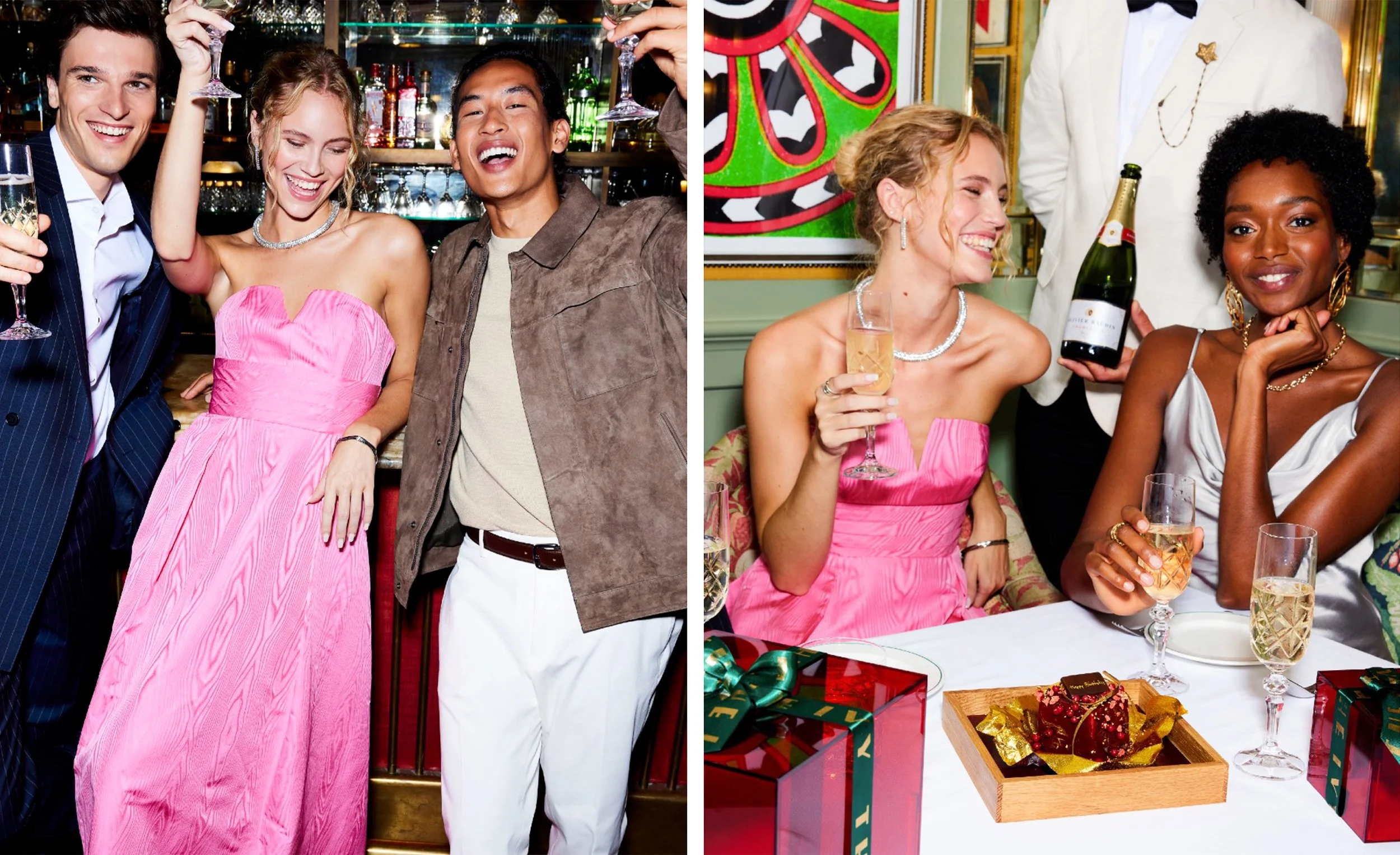 Friends celebrating with champagne at a festive party, including a woman in a pink dress and a woman in a silver dress.