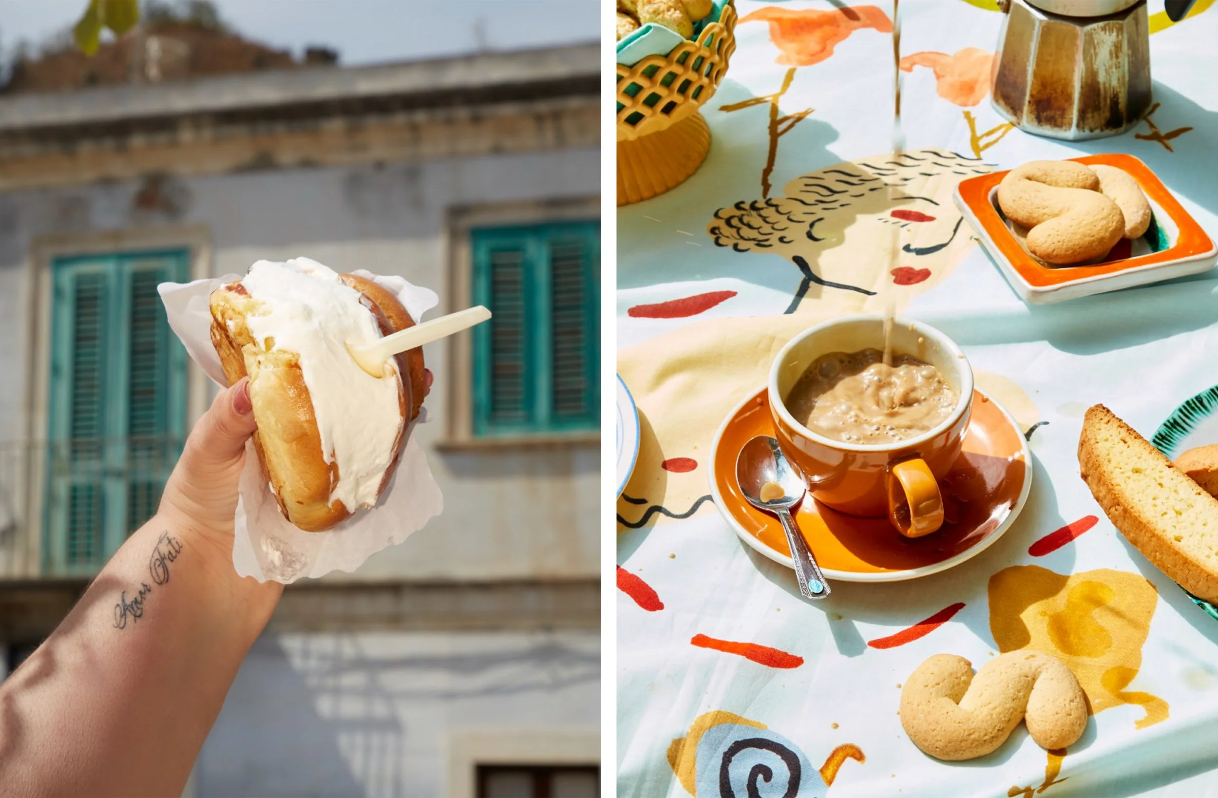 Collage of a cream-filled pastry held outdoors and coffee served with cookies and biscotti on a colorful table.
