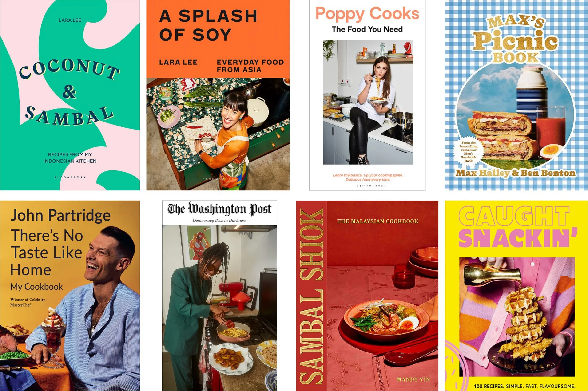 Collage of cookbook covers featuring Asian cuisine, picnic recipes, snacks, and celebrity chefs