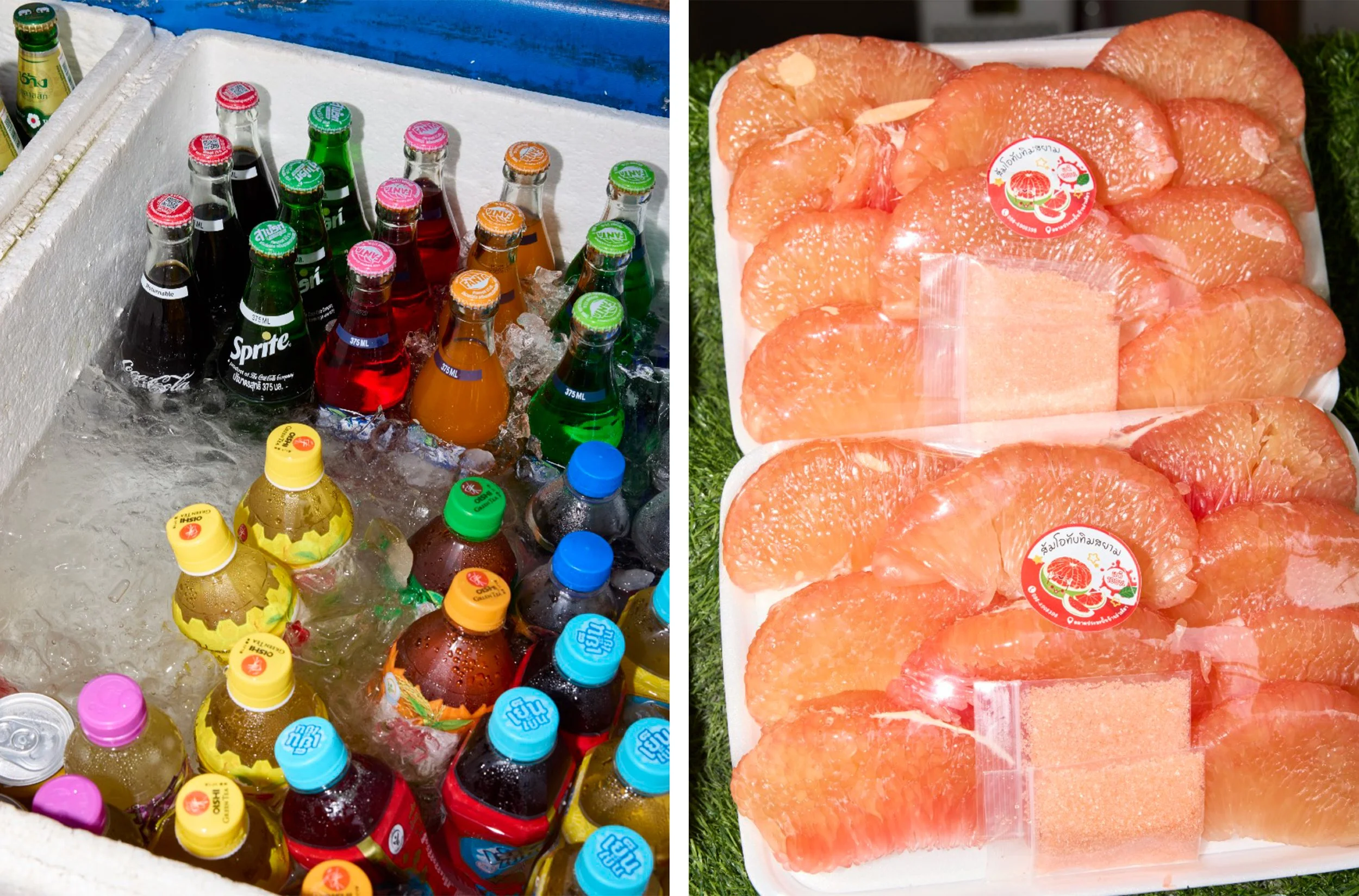 Collage showing assorted bottled soft drinks chilling in ice beside trays of peeled pink pomelo segments.