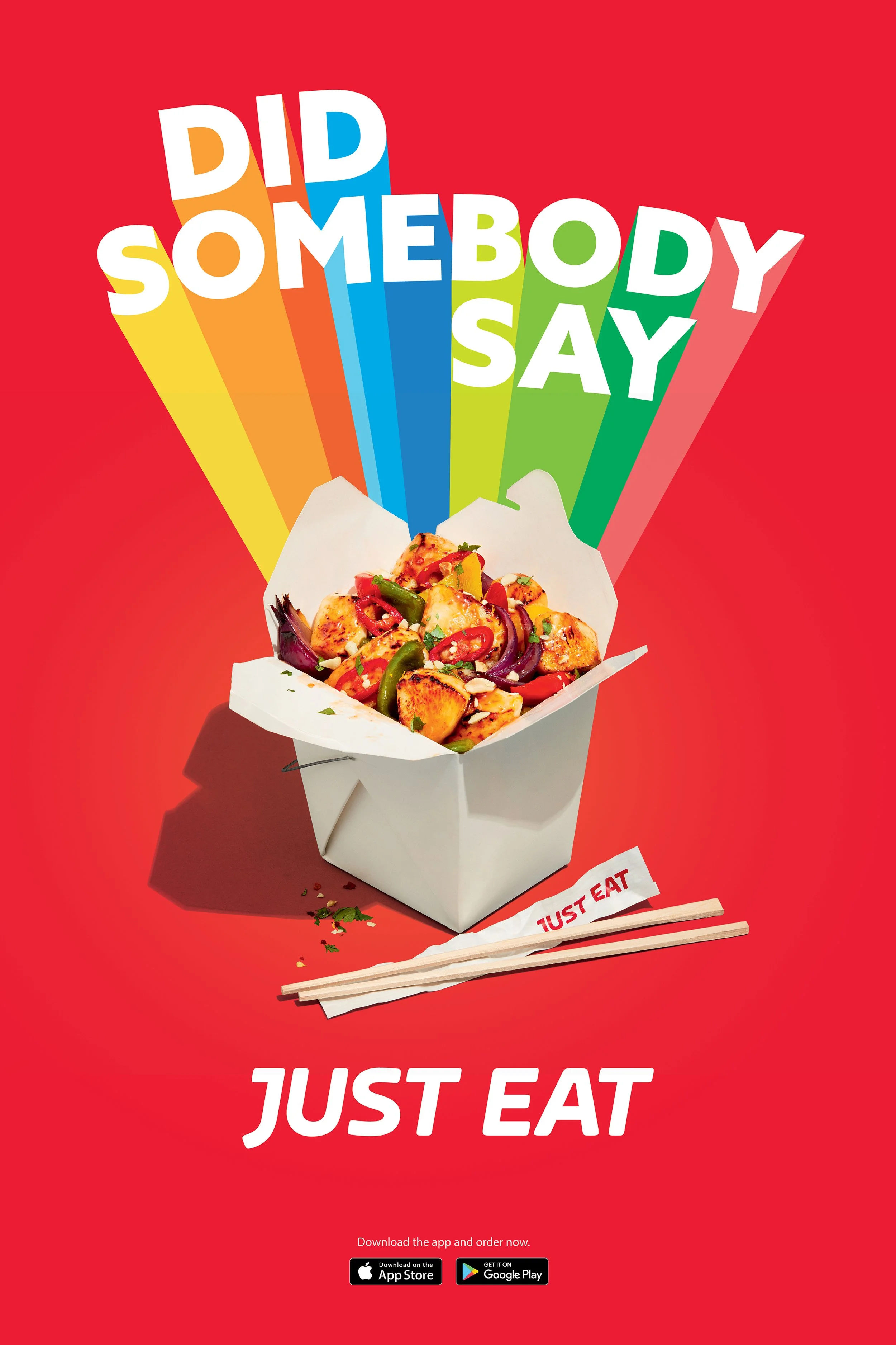 Colorful takeaway food box with grilled chicken and vegetables, chopsticks, and “JUST EAT” branding on a red background.