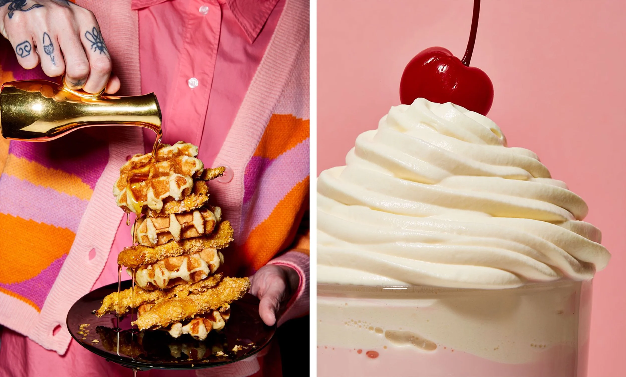 Crispy chicken and waffles drizzled with syrup beside a whipped-cream-topped cherry milkshake.