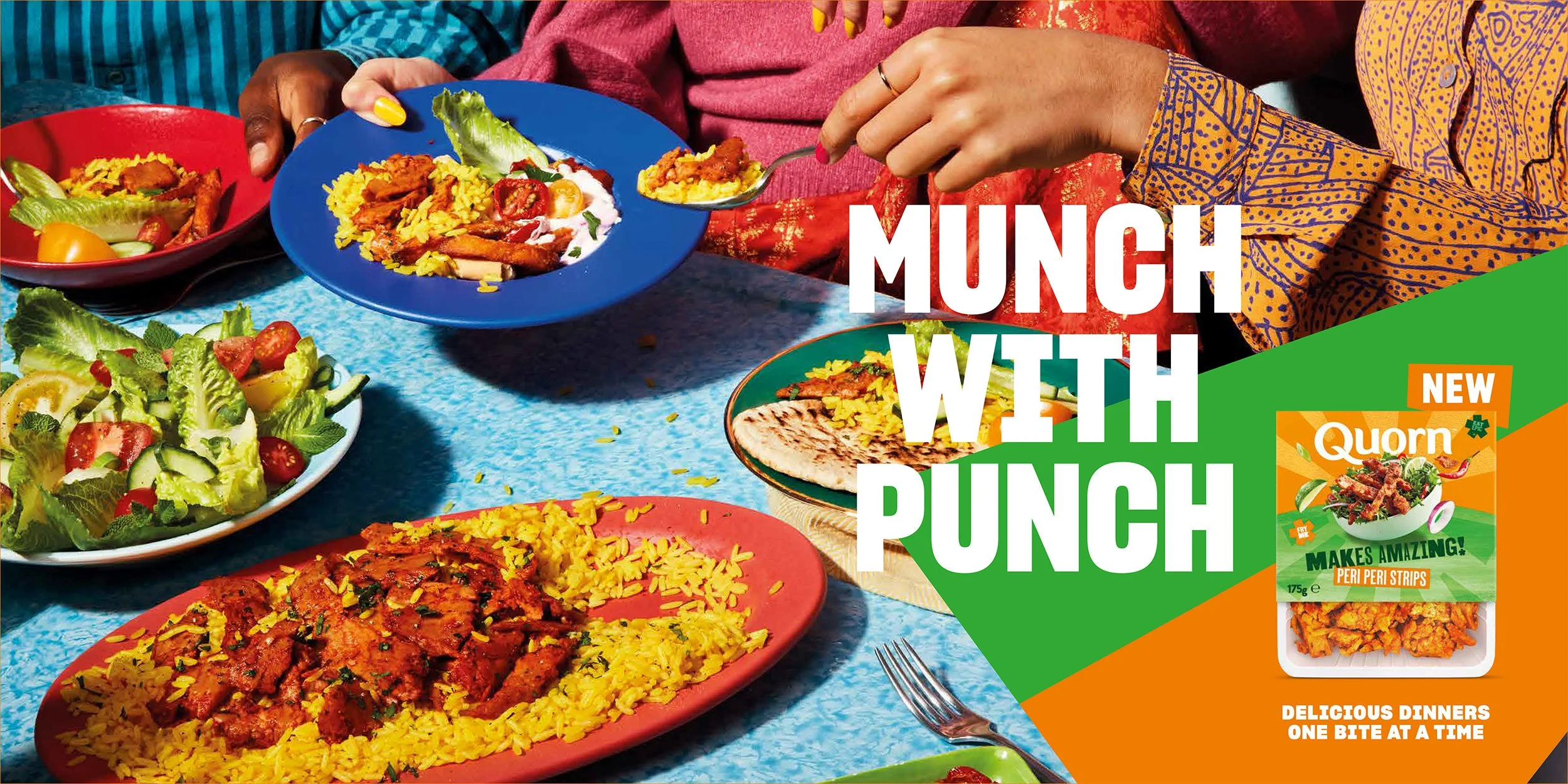Quorn peri peri strips advertisement featuring people sharing plates of spiced rice, plant-based strips, and fresh salad with the slogan “Munch With Punch.”