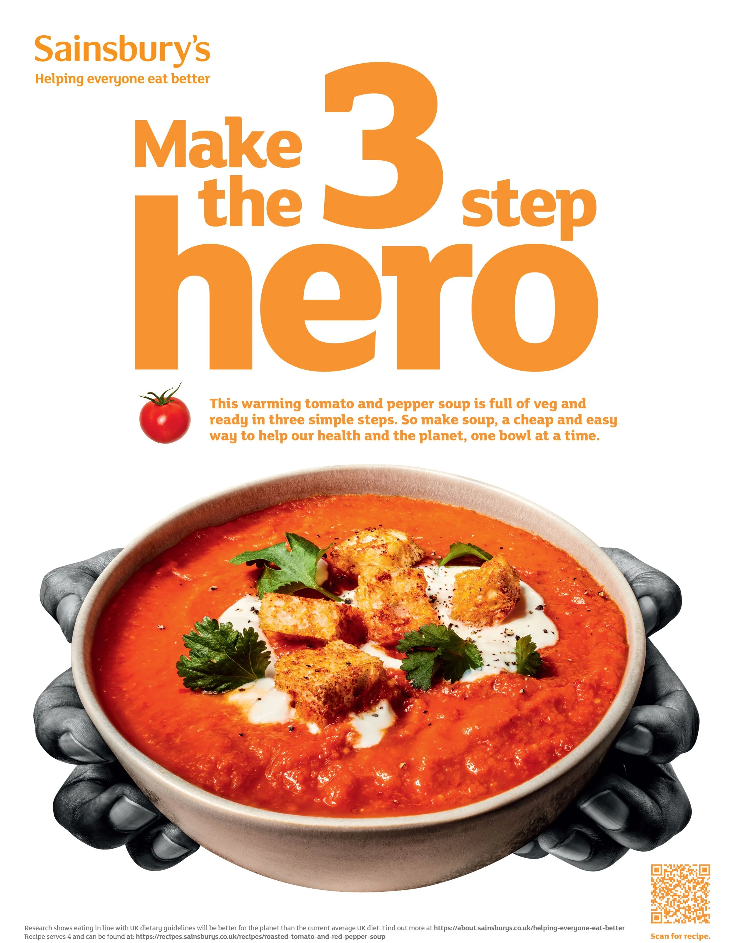 Sainsbury’s “Make the 3 step hero” poster featuring a bowl of roasted tomato and red pepper soup topped with cream, croutons, and fresh herbs.