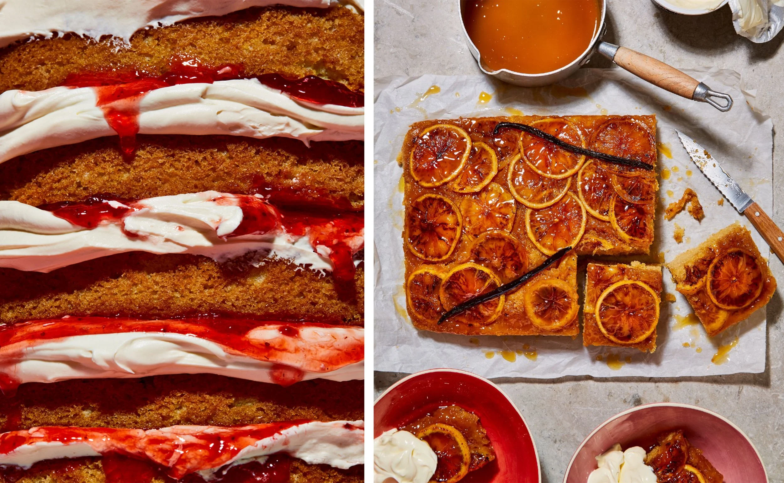 Collage showing a layered berry-and-cream cake and sliced caramelized orange cake with vanilla bean and orange syrup.