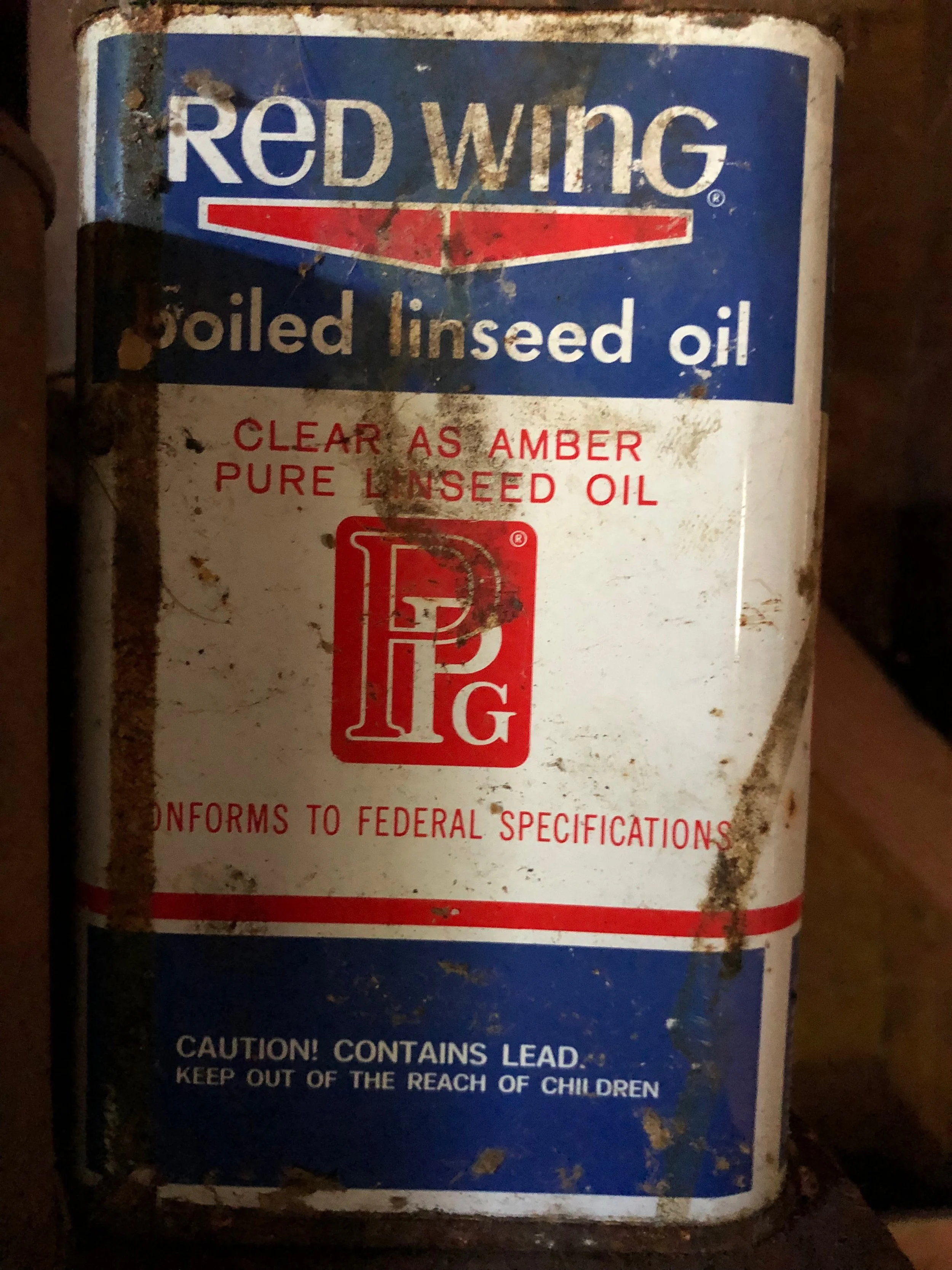 Vintage Red Wing clear amber pure linseed oil can with lead warning label