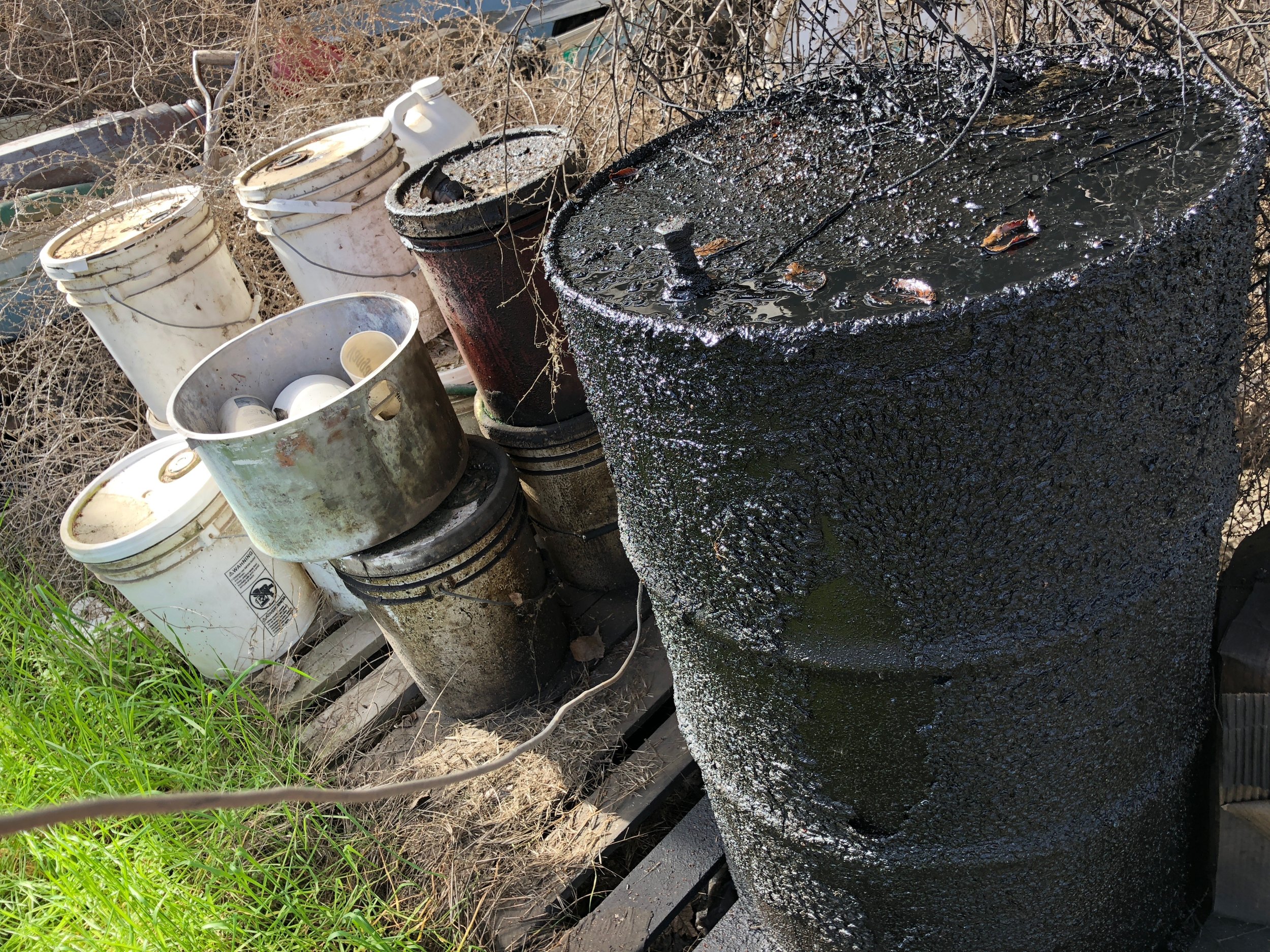 Oily drum situated on an oil-covered pallet near oily buckets