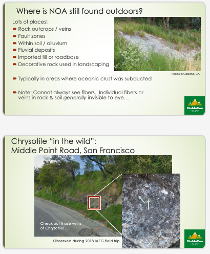Educational slides showing outdoor chrysotile asbestos occurrences, including rock outcrops, fault zones, and a San Francisco roadside example with a close-up of chrysotile veins.