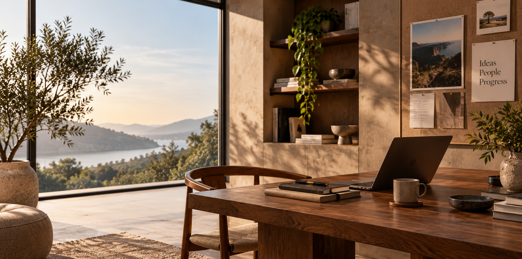 Modern workspace with a wooden desk, laptop, planning notebooks, and a scenic mountain and lake view.