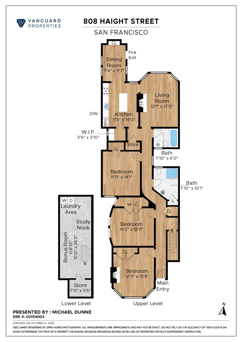 Floor plan of a multi-level house with rooms labeled including three bedrooms, two bathrooms, a kitchen, living room, dining room, laundry area, study nook, bonus room, and multiple closets, with measurements and a north orientation arrow.