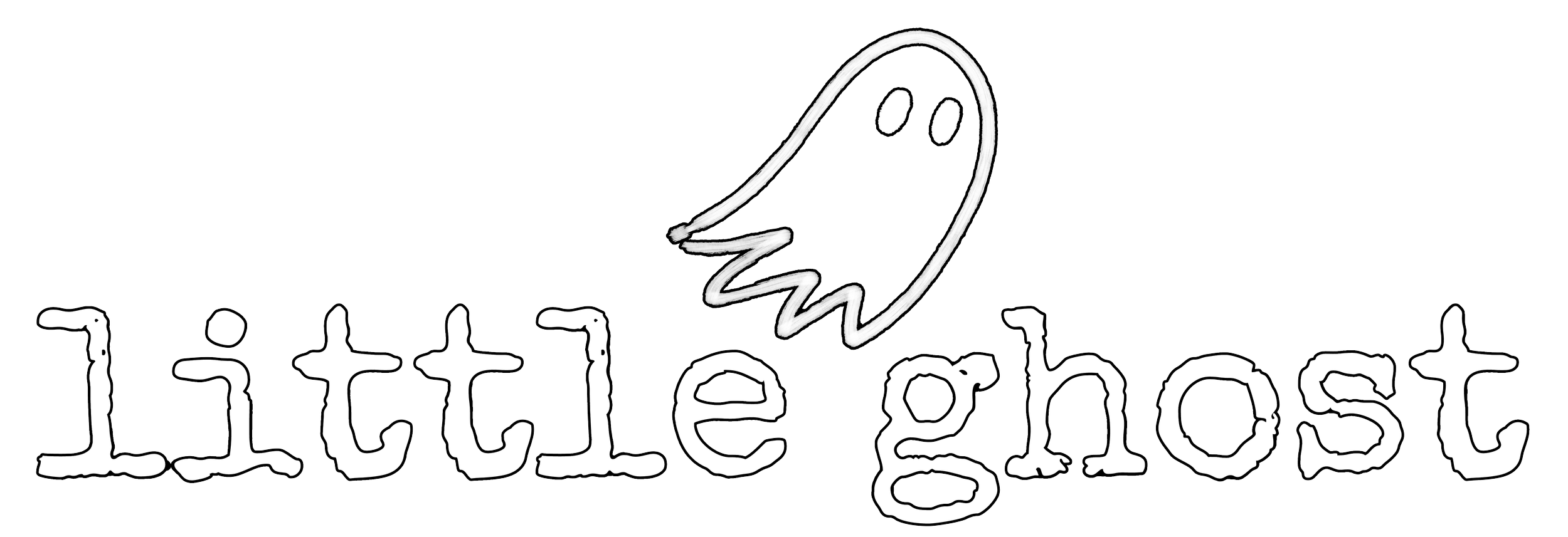 Logo for Little Ghost with outline drawing of a ghost and the text 'little ghost' in a playful, outlined font.