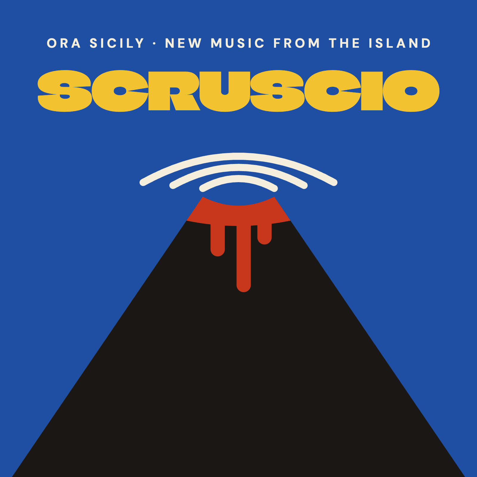 Scruscio playlist cover: Mount Etna with red lava and sound waves on blue, new music from Sicily by ORA Sicily