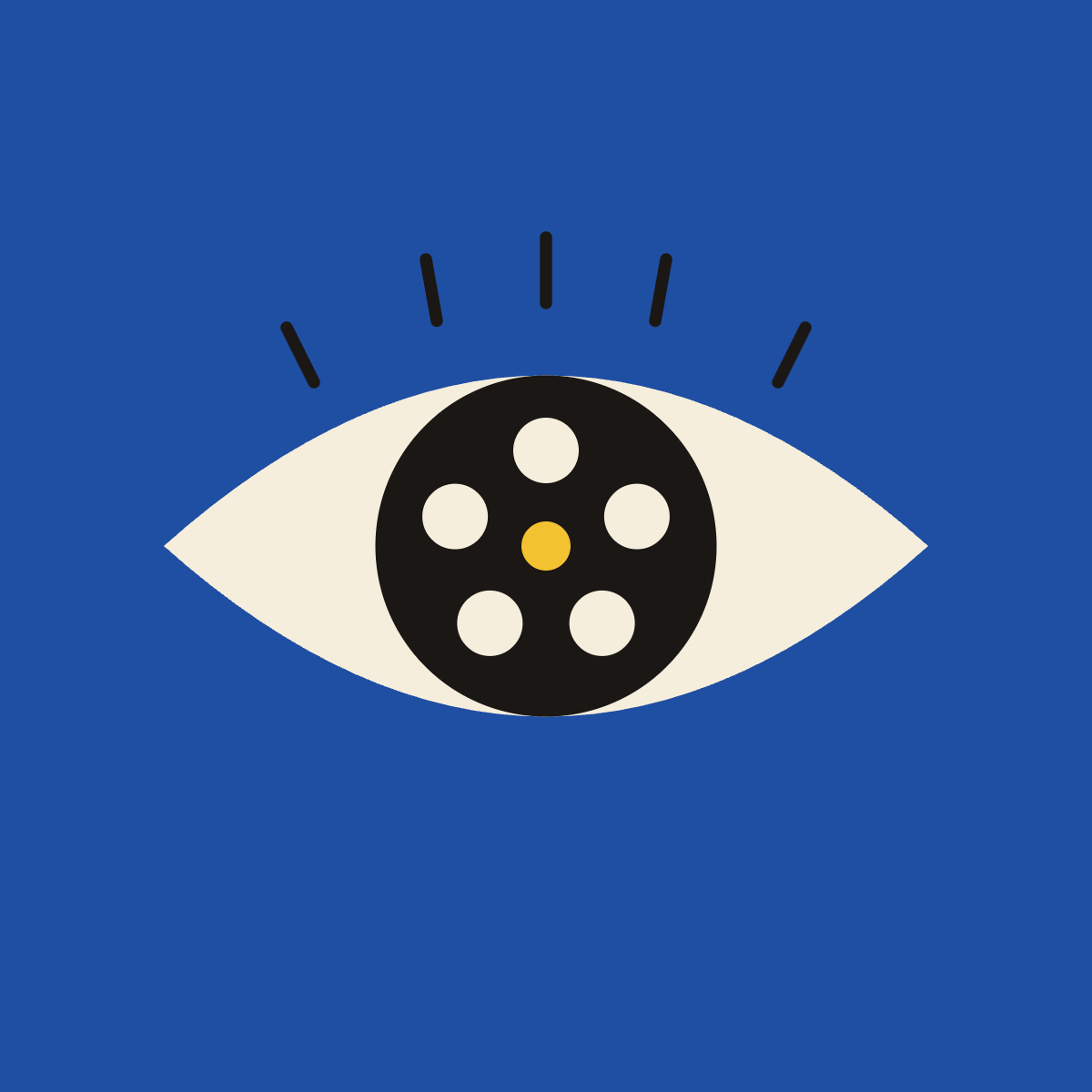 Illustrazione di un occhio con una bobina cinematografica al posto della pupilla su sfondo blu, l’icona del Talìa, il circolo cinematografico e artistico siciliano