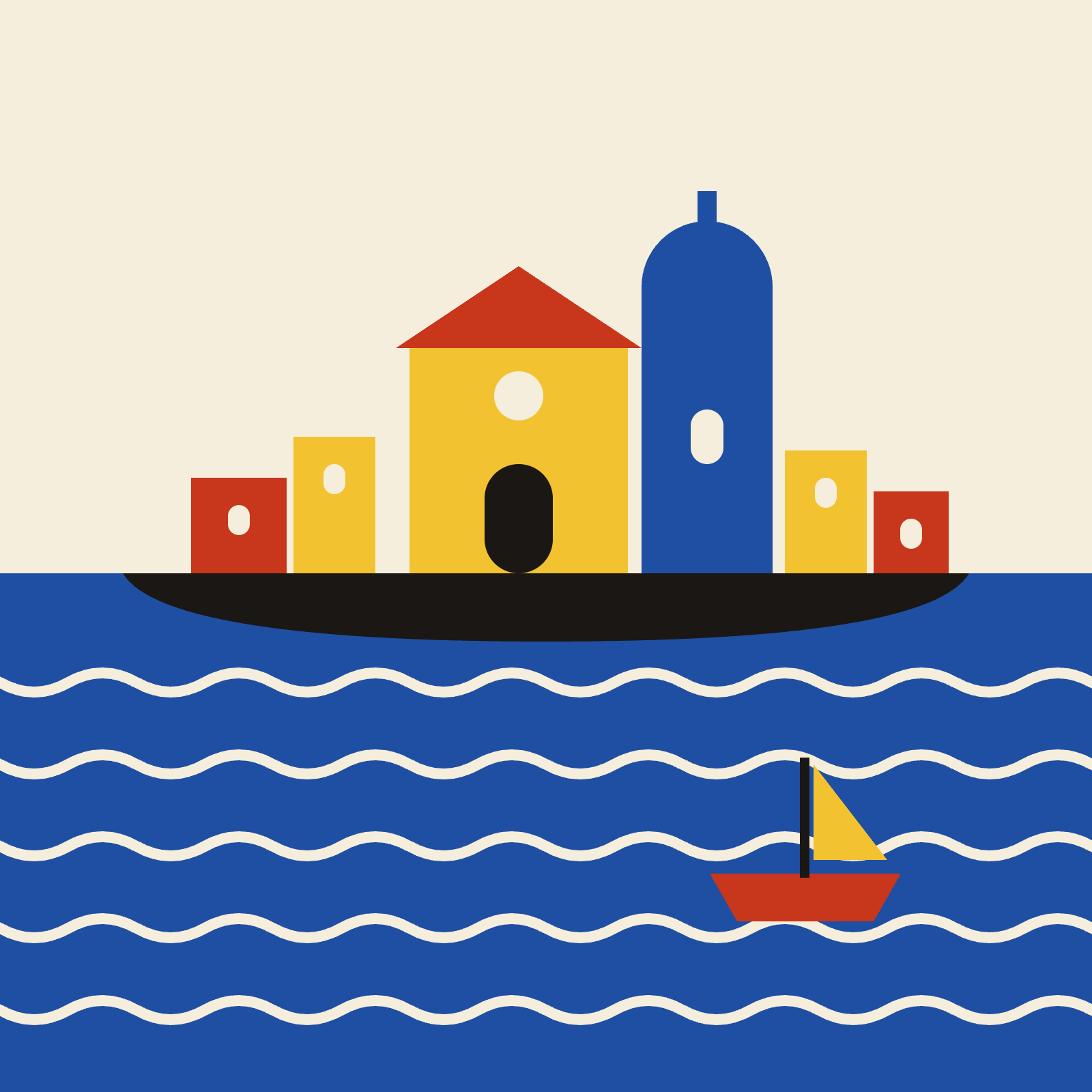 Illustrazione di Ortigia, Siracusa: case colorate e la cattedrale che si staglia sul mare blu
