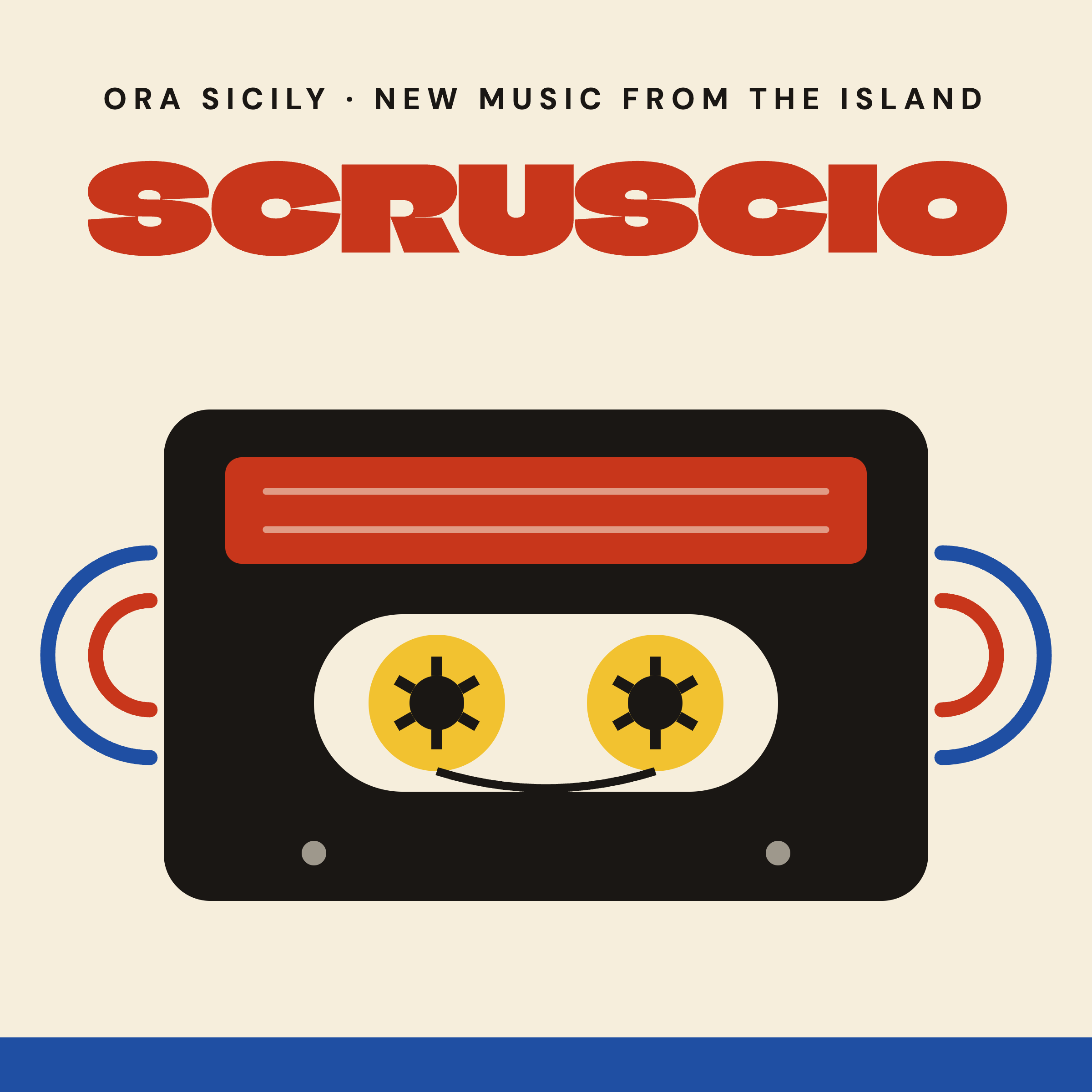 Scruscio playlist cover: a black cassette tape with yellow reels on cream