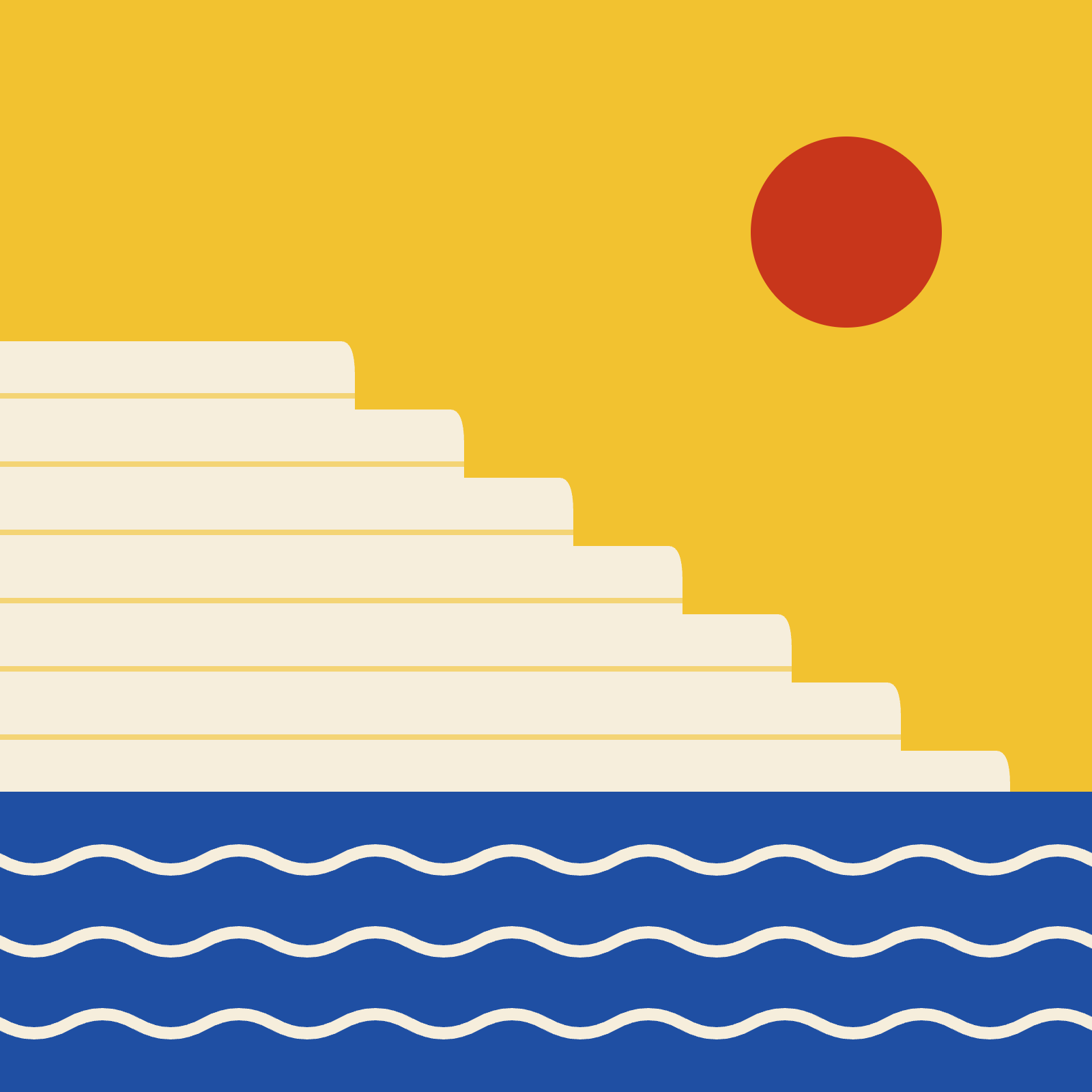 Illustrazione delle scogliere bianche della Scala dei Turchi, vicino ad Agrigento, che si stagliano sul mare blu, con un sole rosso
