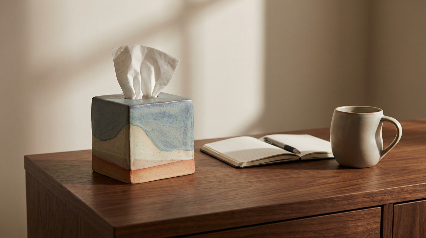 A wooden table with a ceramic tissue box, an open notebook with a pen, and a ceramic mug, with soft natural lighting.