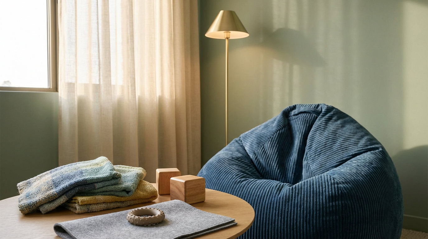 A cozy corner in a room with a blue, textured, rounded armchair near a window covered with light beige curtains, a wooden side table with folded cloths, two wooden blocks, and a decorative ring on a gray cloth, with a tall floor lamp providing warm lighting.