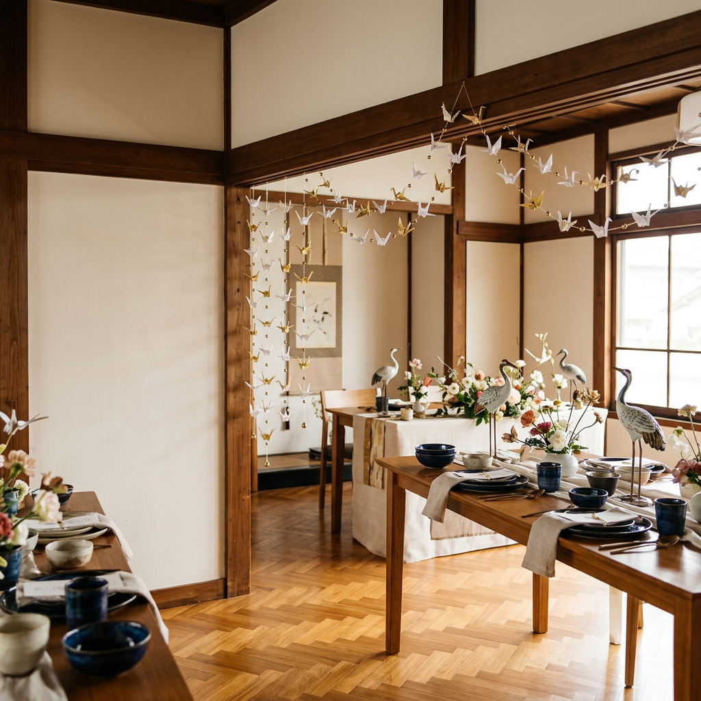 Japanese-style dining room with set tables, floral arrangements, crane figurines, and hanging origami cranes