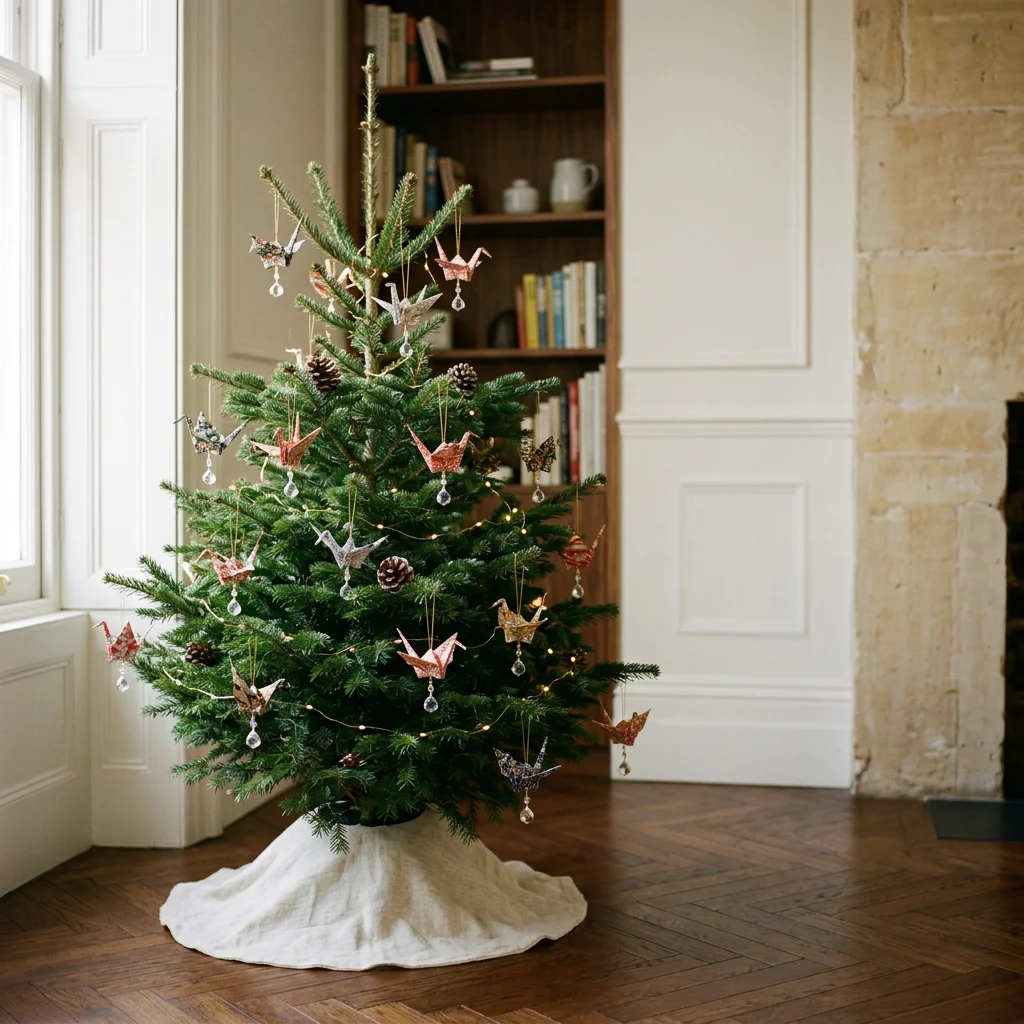 Decorated Christmas tree with origami bird ornaments and string lights in a cozy living room