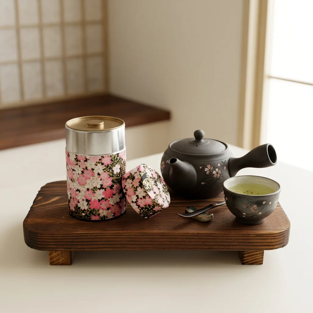 Japanese tea set with a floral tea canister, black teapot, green tea cup, and spoon on a wooden tray