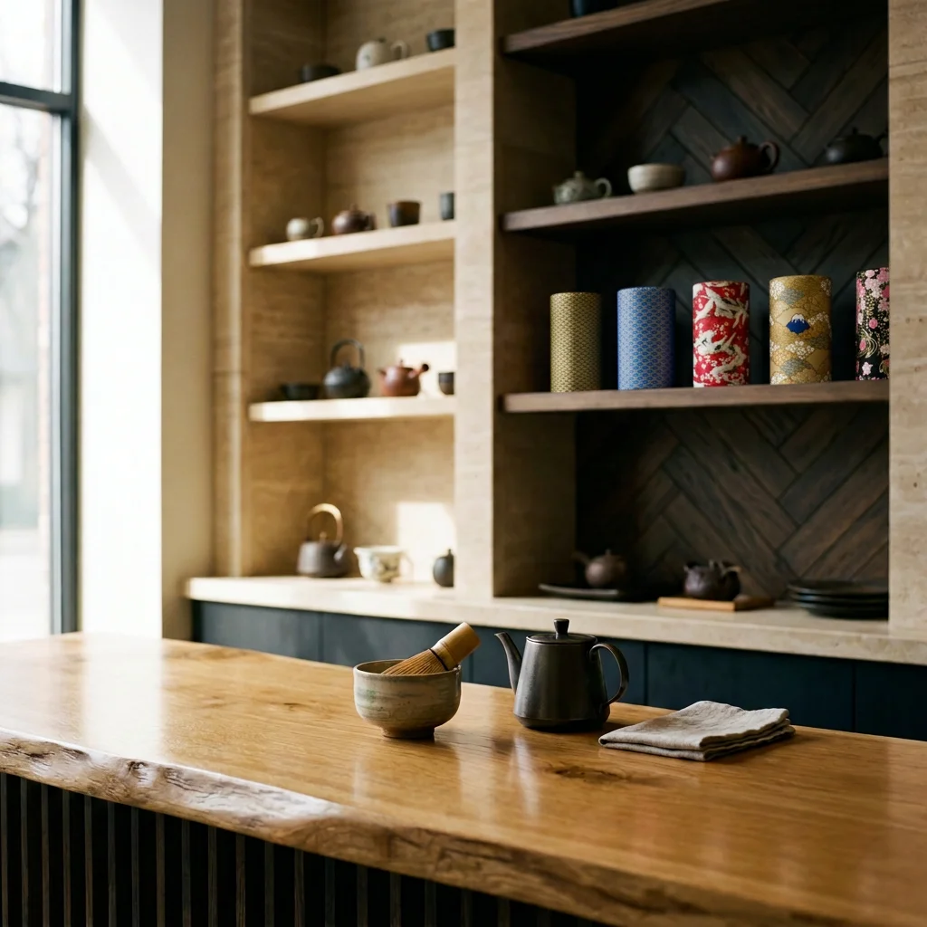 Japanese-inspired kitchen with a tea bowl, bamboo whisk, black teapot, folded cloth, and colorful ceramic cups on a wooden island