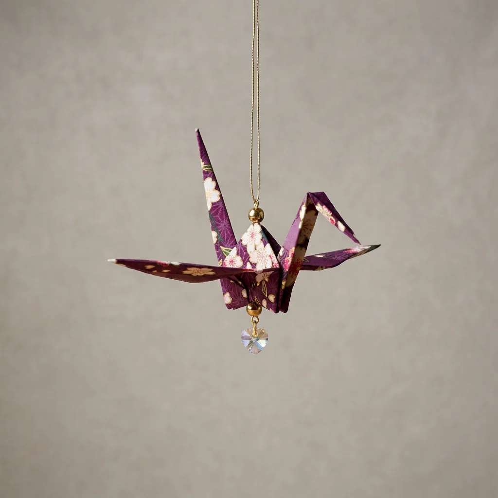 Purple floral origami crane ornament hanging from a cord with gold beads and a crystal heart charm