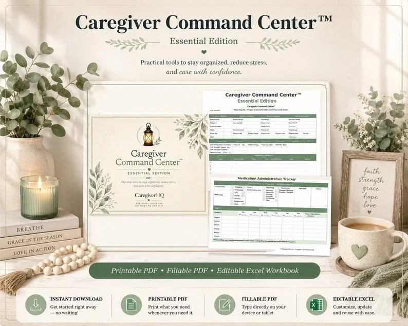 Caregiver Command Center Essential Edition with sample organizer pages and its three digital formats