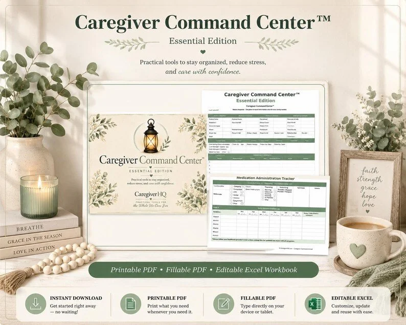 Caregiver Command Center Essential Edition with sample organizer pages and its three digital formats
