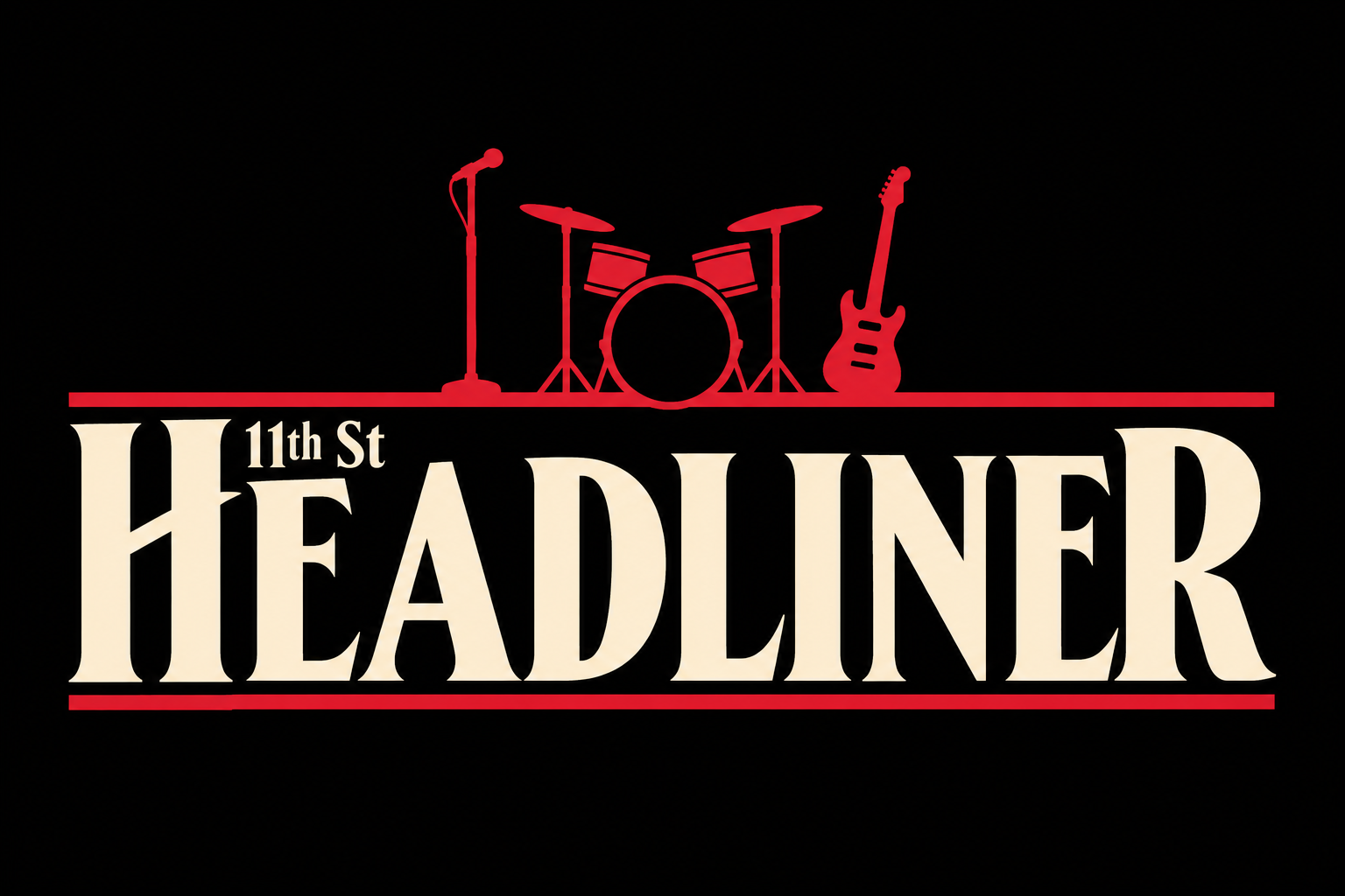 Logo with a black background, featuring icons of a microphone, drums, and an electric guitar in red at the top. Below, the text reads '11th St HEADER' with 'HEADER' in large cream-colored letters, separated by red lines above and below.