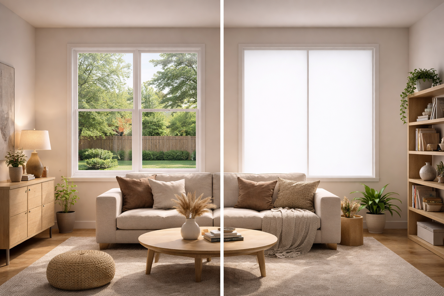 Salón con sofá beige, cojines marrón y beige, mesa de centro de madera con jarrón y libros, ventana grande con vista al jardín, plantas en macetas, estantería de madera con objetos decorativos y libros, lámpara y lámpara de mesa, alfombra beige y pared clara.