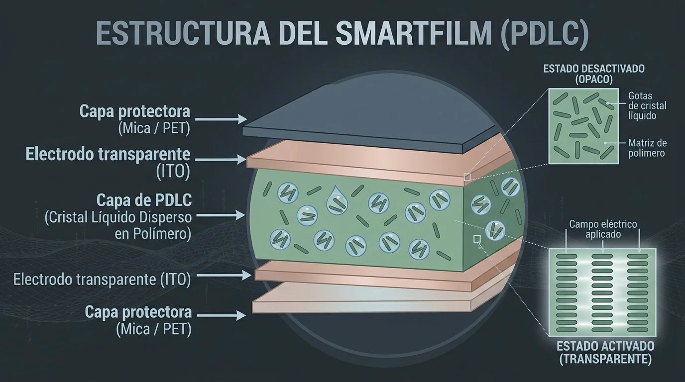 Diagrama de la estructura de un smartfilm, mostrando capas de protección de Mica/PET, electrodos transparentes ITO, capa de PDLC con cristal líquido disperso en polímero y estado transparente, y estado desactivado opaco con gotas de cristal líquido y matriz de polímero, junto con los campos eléctricos aplicados.