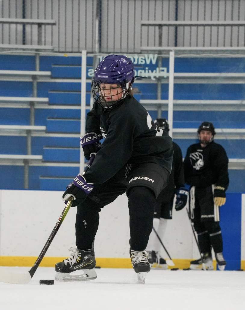 A young hockey player wearing a blue helmet, black jersey, and ice skates, practicing on an ice rink with other players in the background.