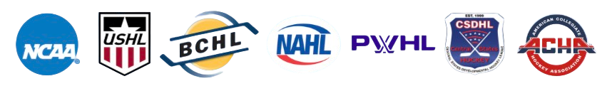 Row of logos of various American sports organizations and associations, including NCAA, USHL, NAHL, CSHL, PVHL, and others.