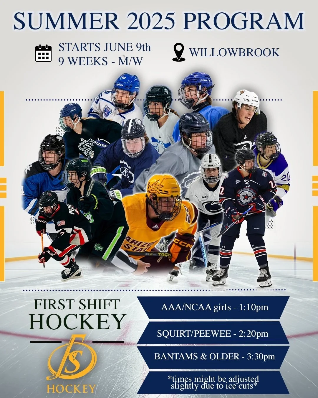 Summer 2025 hockey program schedule featuring groups for AAA/NCAA girls at 1:10 pm, squirt/peewee at 2:20 pm, and bantams & older at 3:30 pm, starting June 9th at Willowbrook. The background shows a collage of young hockey players on ice wearing helmets and jerseys.